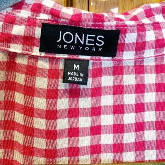 Jones New York Pink Baby Gingham V-Neck Button Up Tie Front Shirt Blouse Medium - Picture 5 of 6